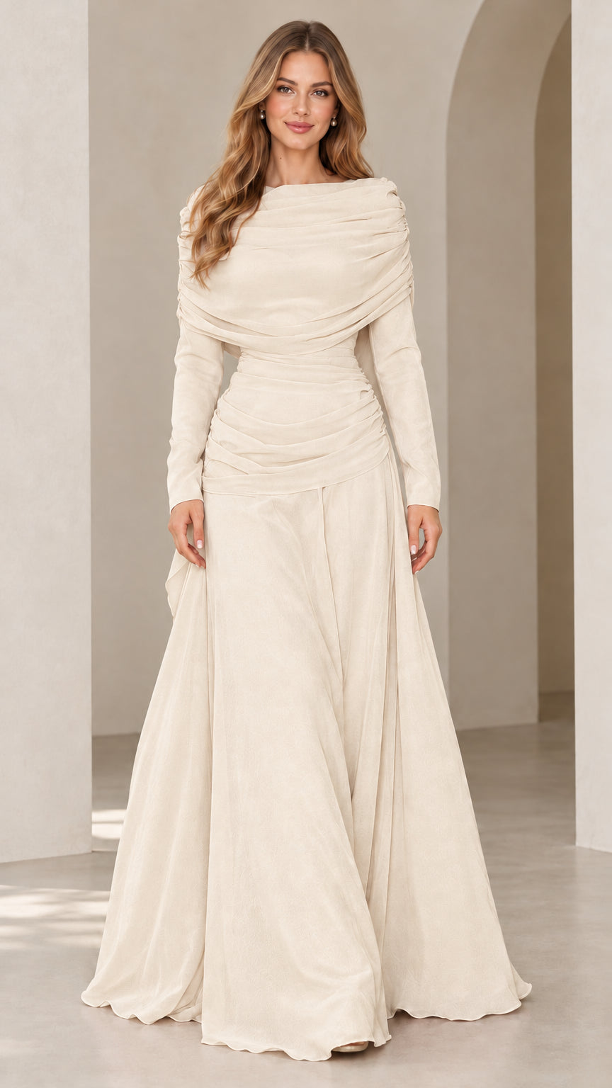 Full front view of champagne cream draped long sleeve formal maxi dress