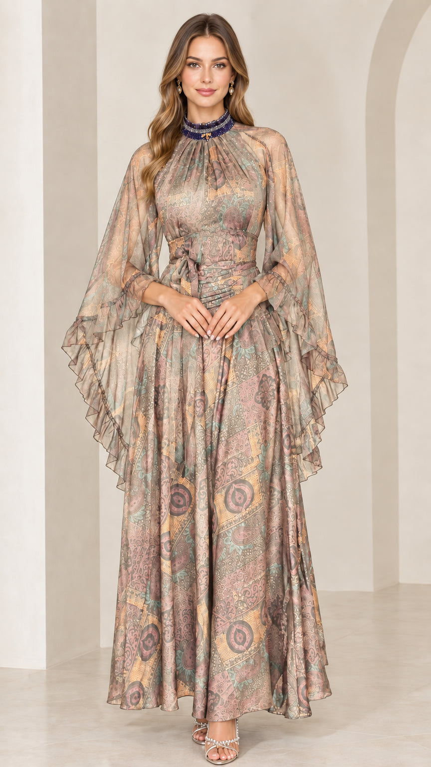 Full front view of Champagne beige printed high neck maxi dress with cape sleeves