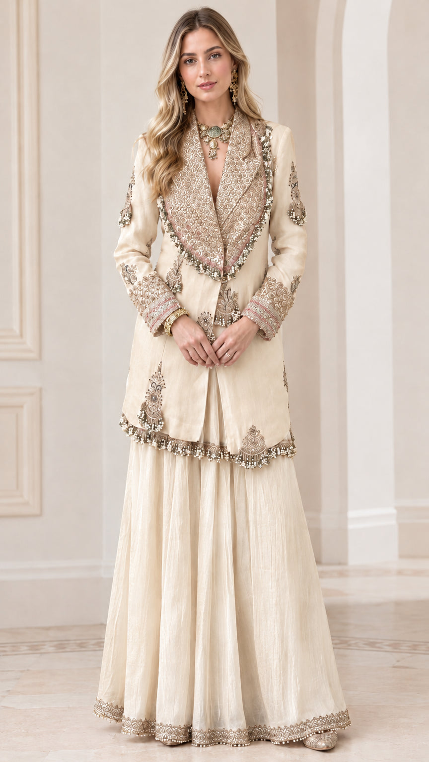 Champagne cream embellished longline blazer and sharara two piece set