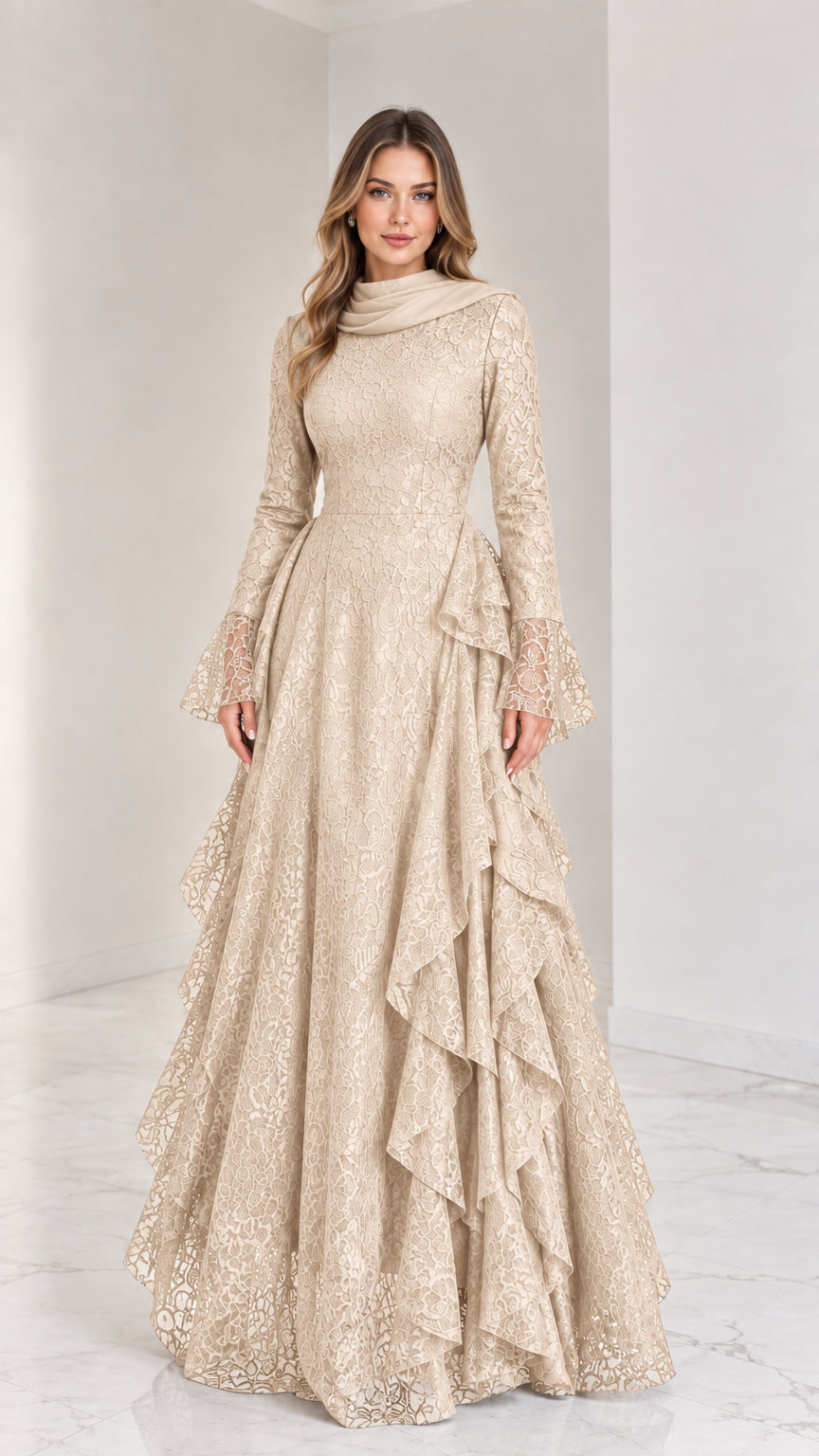 Modest champagne gold long sleeve lace evening gown with cascading ruffles